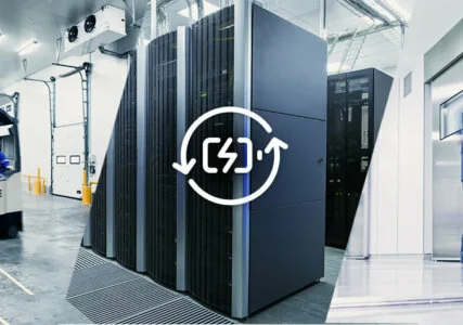 Versorgungssicherheit im enformer Collage Serverhardware in Rechenzentrum und Symbol Energiespeicher