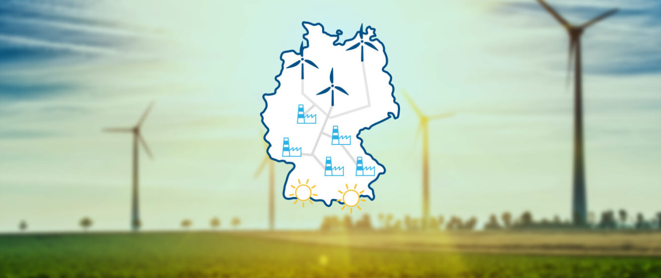Netzausbau im enformer abstrakte Darstellung des Versorgungsnetzes auf Deutschlandkarte vor verschwommenem Hintergrund mit Windpark