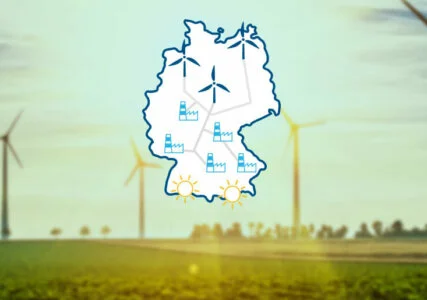 Netzausbau im enformer abstrakte Darstellung des Versorgungsnetzes auf Deutschlandkarte vor verschwommenem Hintergrund mit Windpark