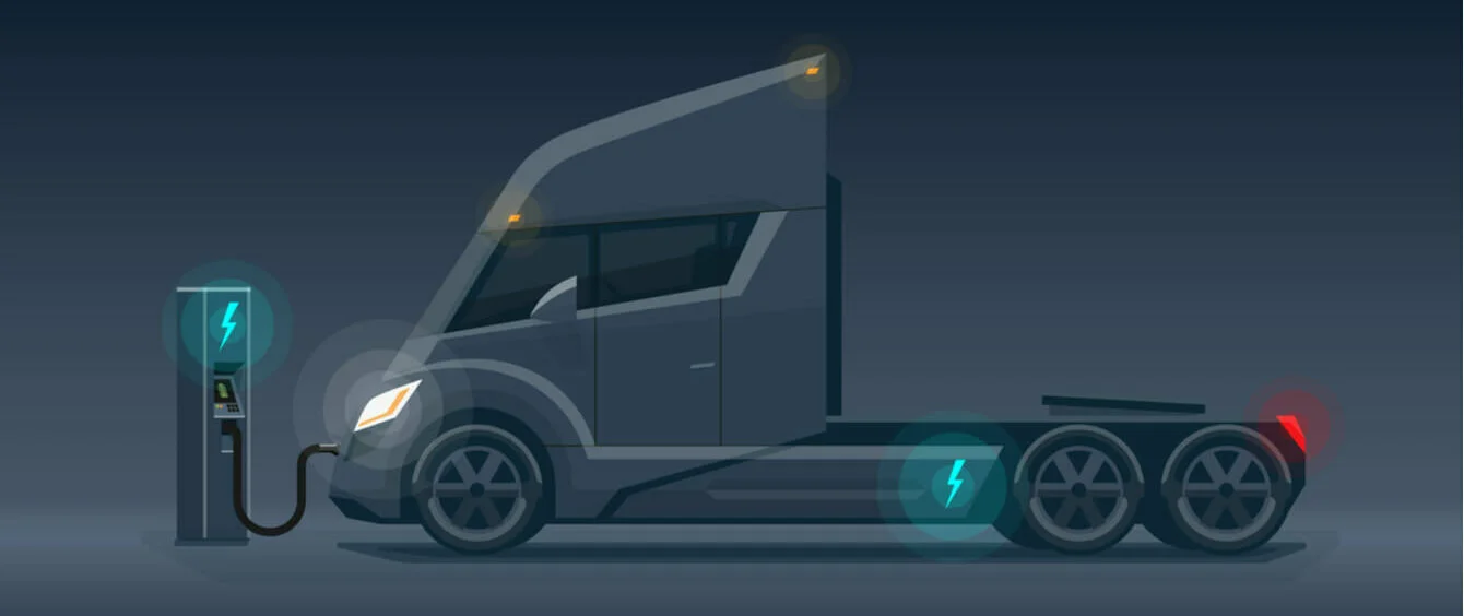 Schematische Darstellung eines elektrisch betriebenen LKW an einer Ladestation