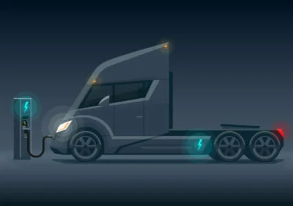 Schematische Darstellung eines elektrisch betriebenen LKW an einer Ladestation