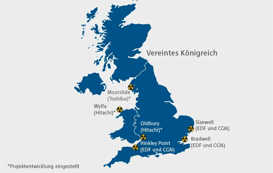 Energiewirtschaft im enformer Karte zu geplanten Kernkraftwerken in Großbritannien blau auf weißem Hintergrund