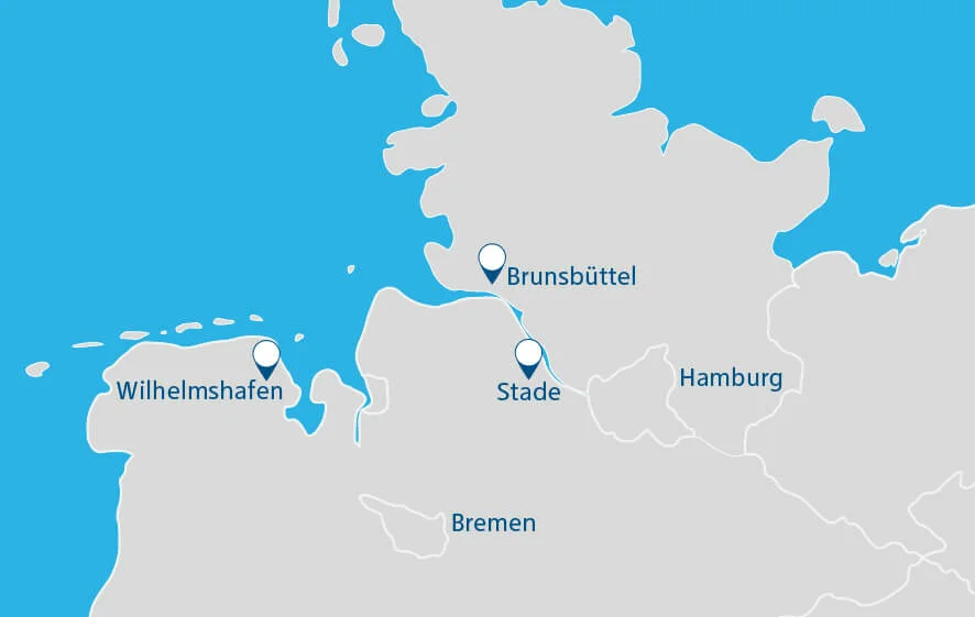 Karte der drei möglichen Standorte für LNG-Terminals in Norddeutschland