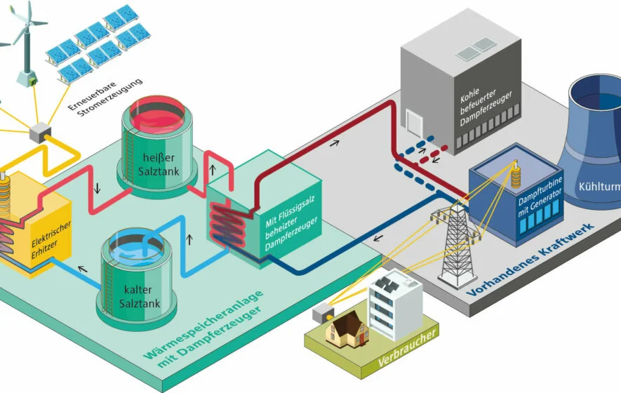 Grafische Darstellung der Kopplung von Erneuerbaren Energien und einem Kohlekraftwerk zu einem Wärmespeicherkraftwerk