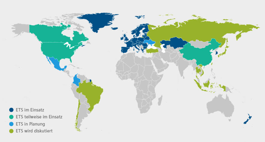 Grafische Darstellung der Weltkarte mit aktiven und geplanten ETS-Systemen zum Handel von Emissionspapieren