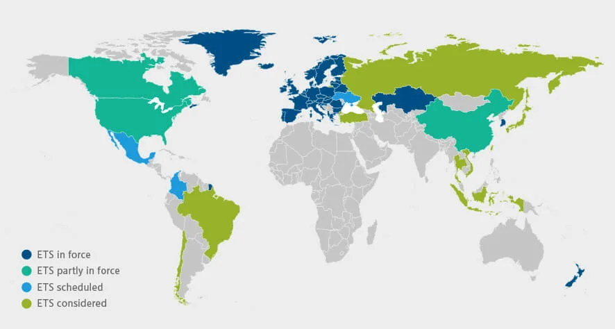 Grafische Darstellung der Weltkarte mit aktiven und geplanten ETS-Systemen zum Handel von Emissionspapieren