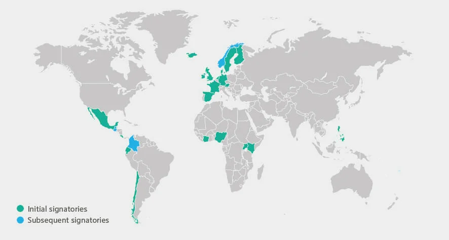 Weltkarte mit den Unterzeichnerländern