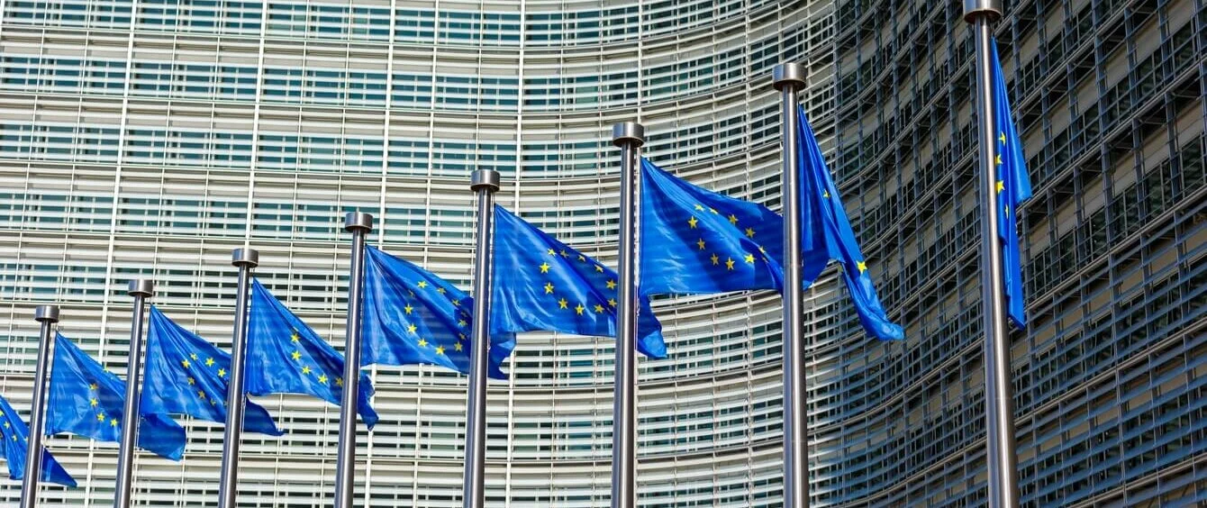 Blaue Europafahnen in Reihe vor dem EU-Parlament