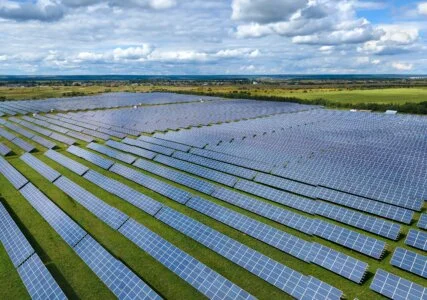 Das Bild zeigt einen Solarpark bei Sonnenschein.