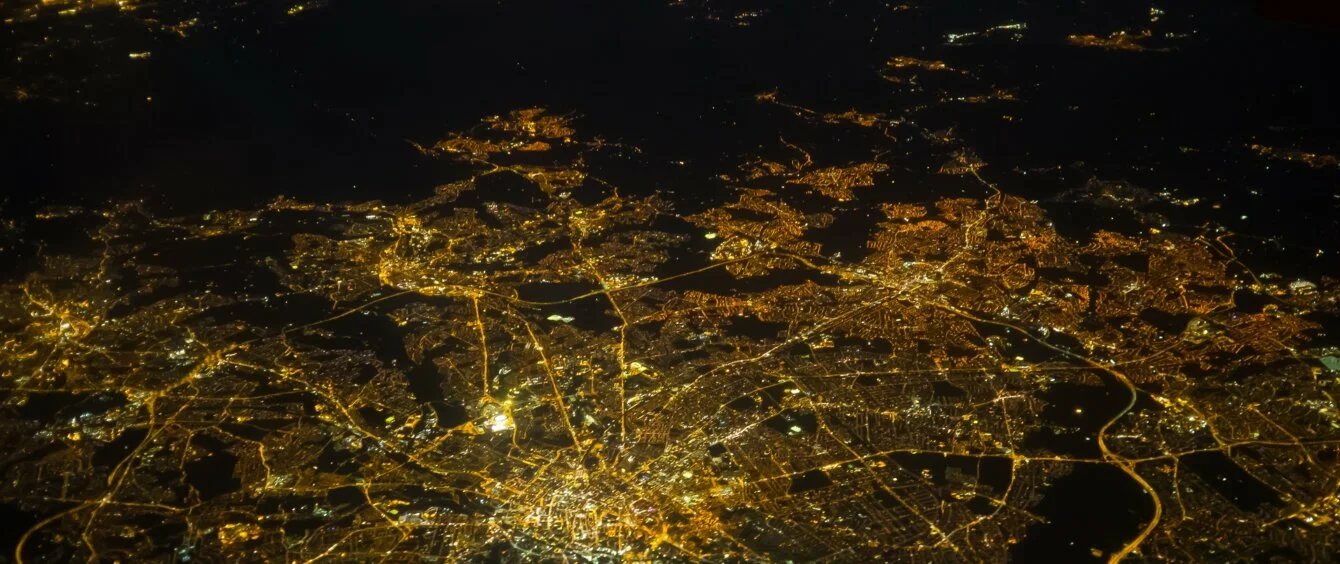 The Manchester power grid at night as an aeral view