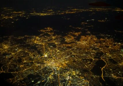 The Manchester power grid at night as an aeral view